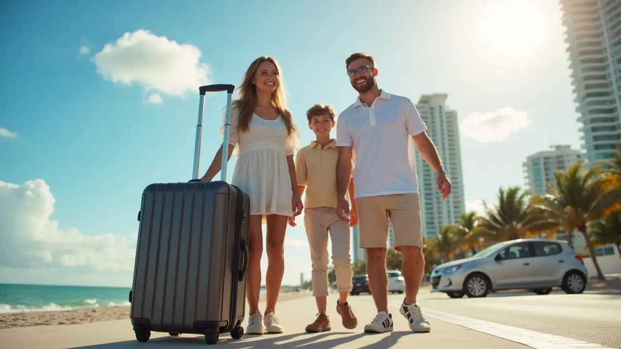 Familia viajando feliz
